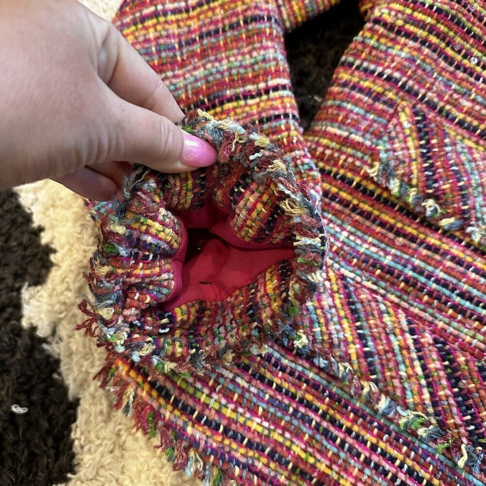 Vintage Anage Pink Colorful Tweed Blazer Jacket Size Large Rainbow Flower Fringe - Picture 5 of 15